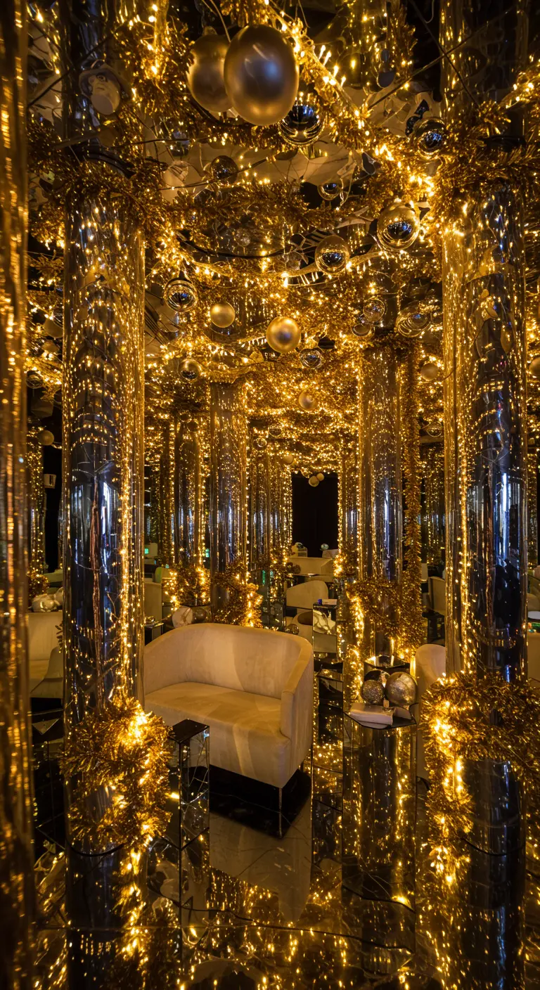 Pièce entièrement recouverte de guirlandes lumineuses dorées, de tinsel et de boules miroir, créant un tunnel étincelant.