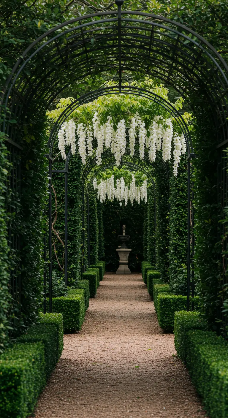 Longue allée de jardin formée par des arches noires avec de la glycine blanche suspendue.