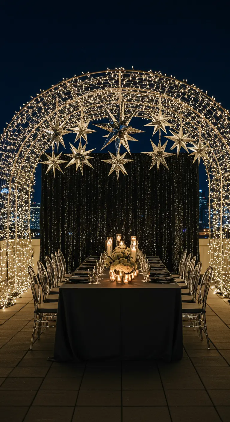 Un tunnel lumineux sur une terrasse de ville avec des étoiles suspendues et une table de dîner élégante.