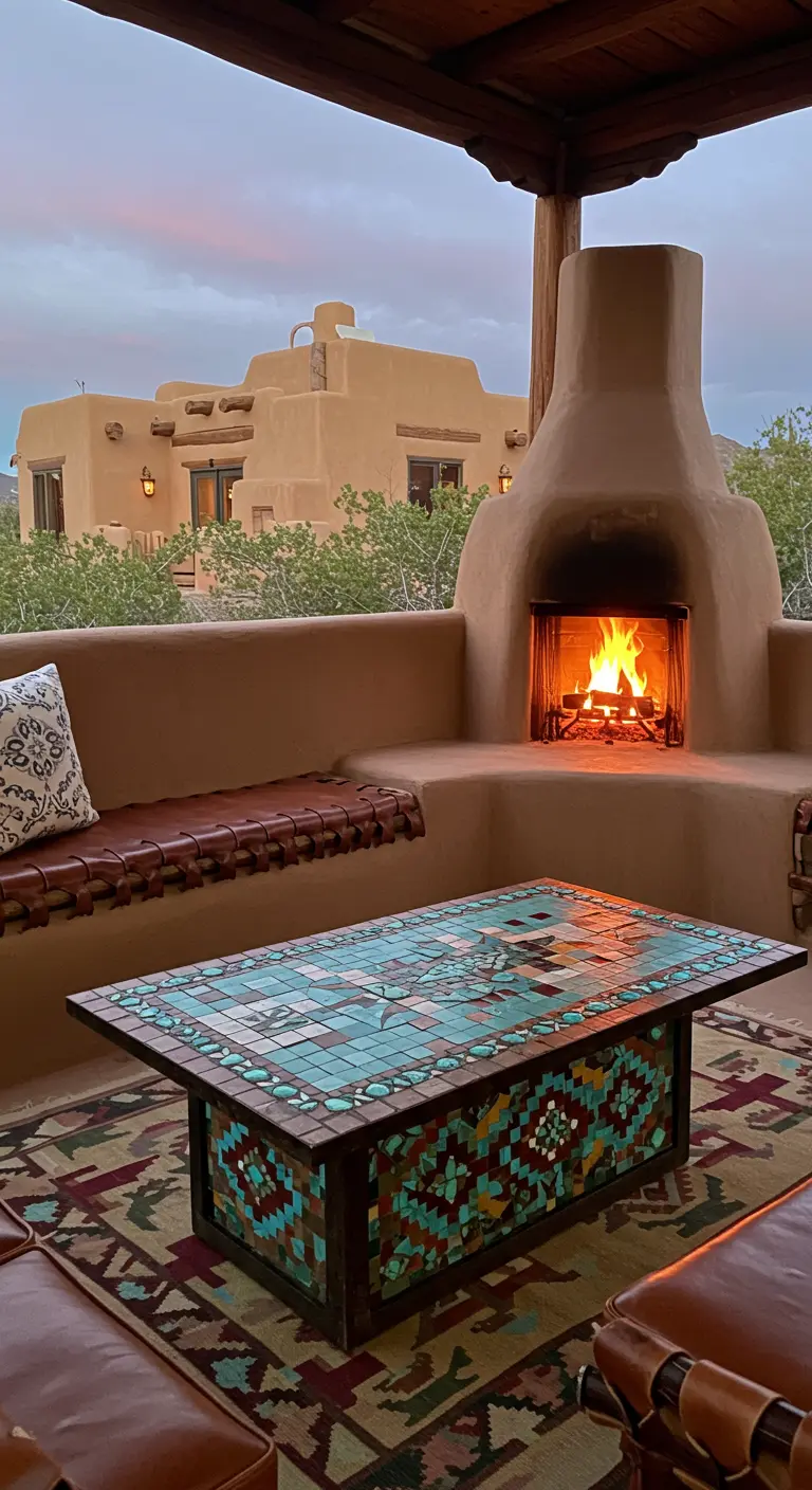 Table en mosaïque turquoise à côté d'une cheminée extérieure en adobe.