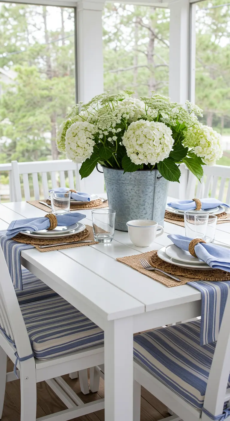 Table de patio blanche avec chaises à coussins rayés bleu et blanc, et un seau de fleurs blanches.