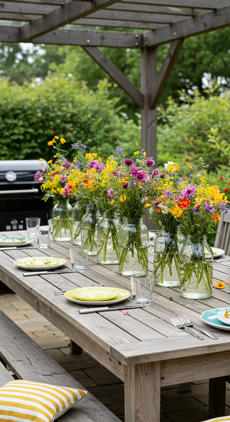 Longue table en bois en extérieur avec des fleurs des champs dans des vases en verre.