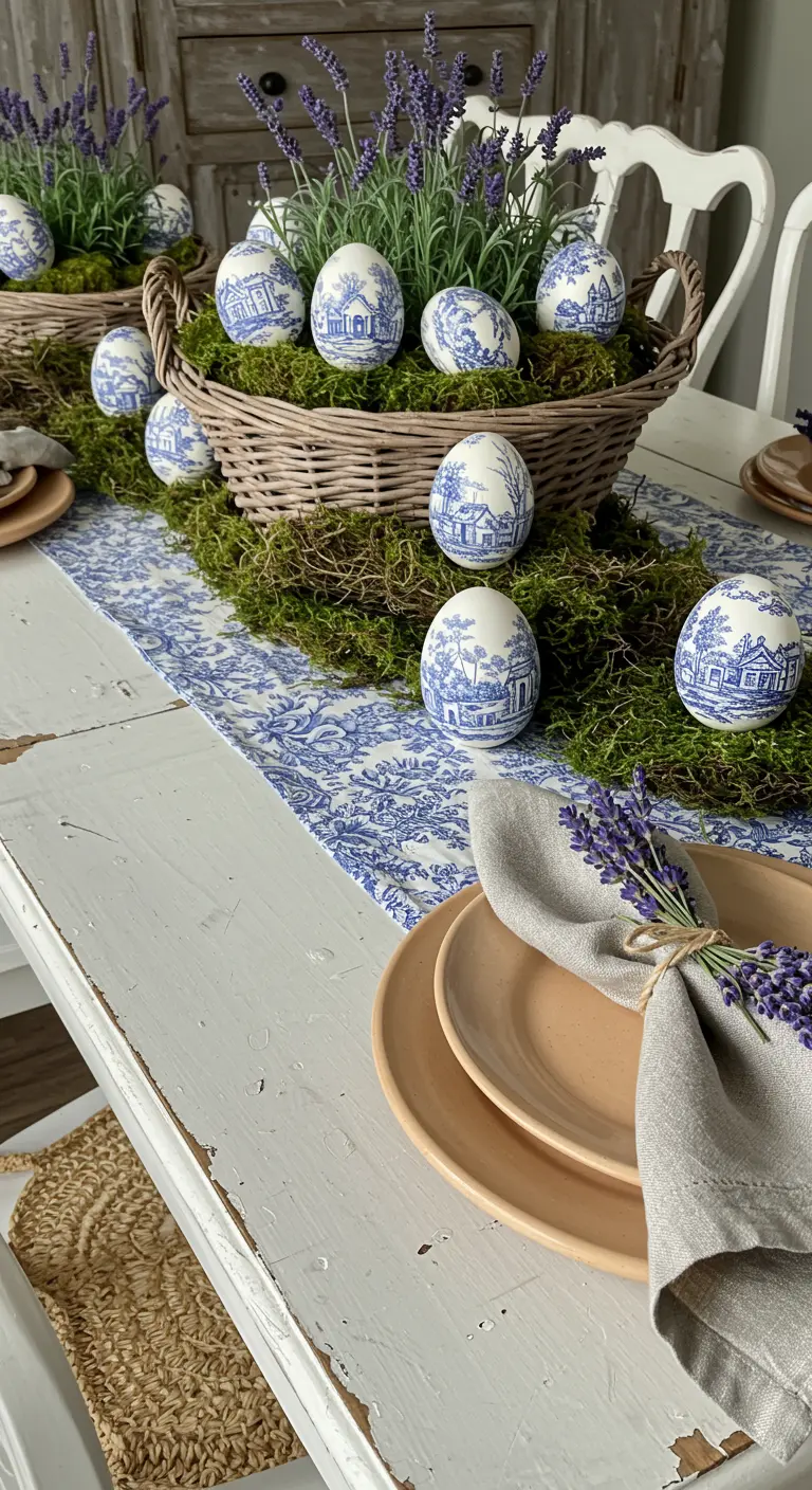 Décor de Pâques provençal avec œufs bleus, lavande et paniers en osier sur mousse.