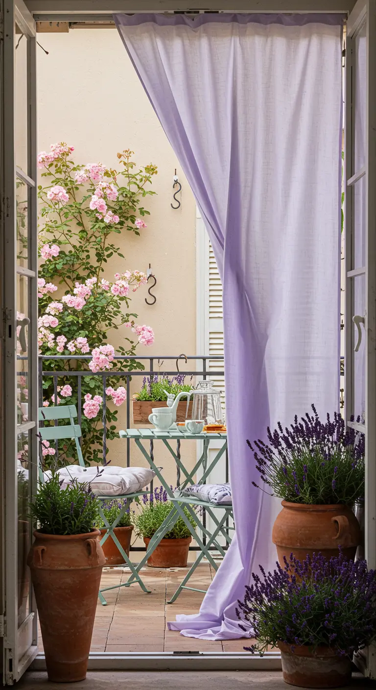 Balcon de style provençal avec des rosiers, de la lavande et un rideau lavande.