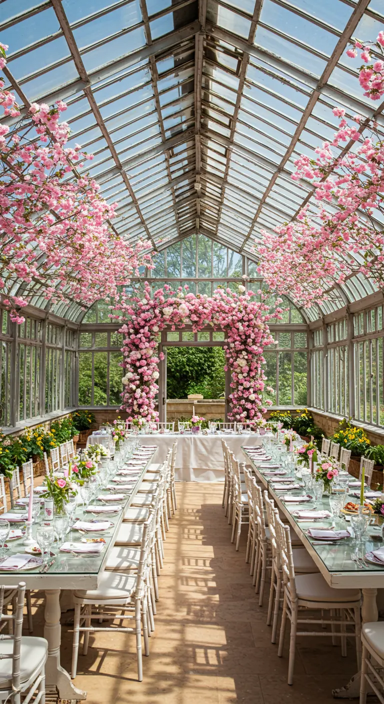 Réception dans une serre avec des tables alignées sous des arches de fleurs de cerisier roses.