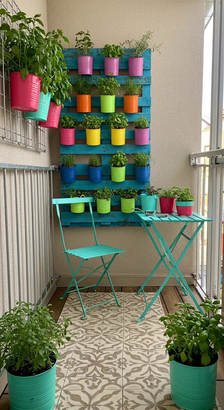 Palette peinte en bleu vif utilisée comme jardinière verticale pour herbes.