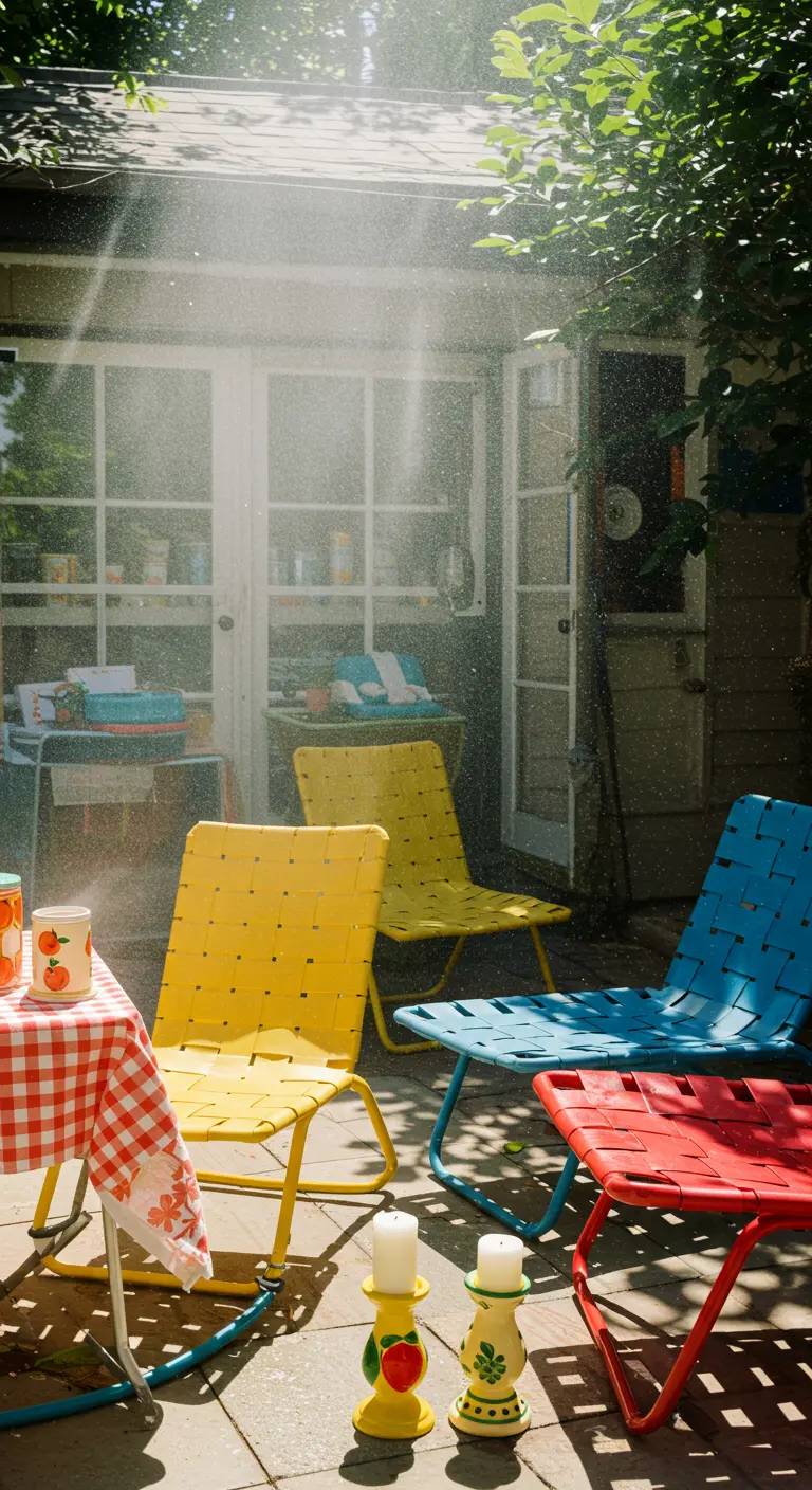 Patio ensoleillé avec chaises colorées (jaune, bleu, rouge), nappe vichy et brumisateurs.