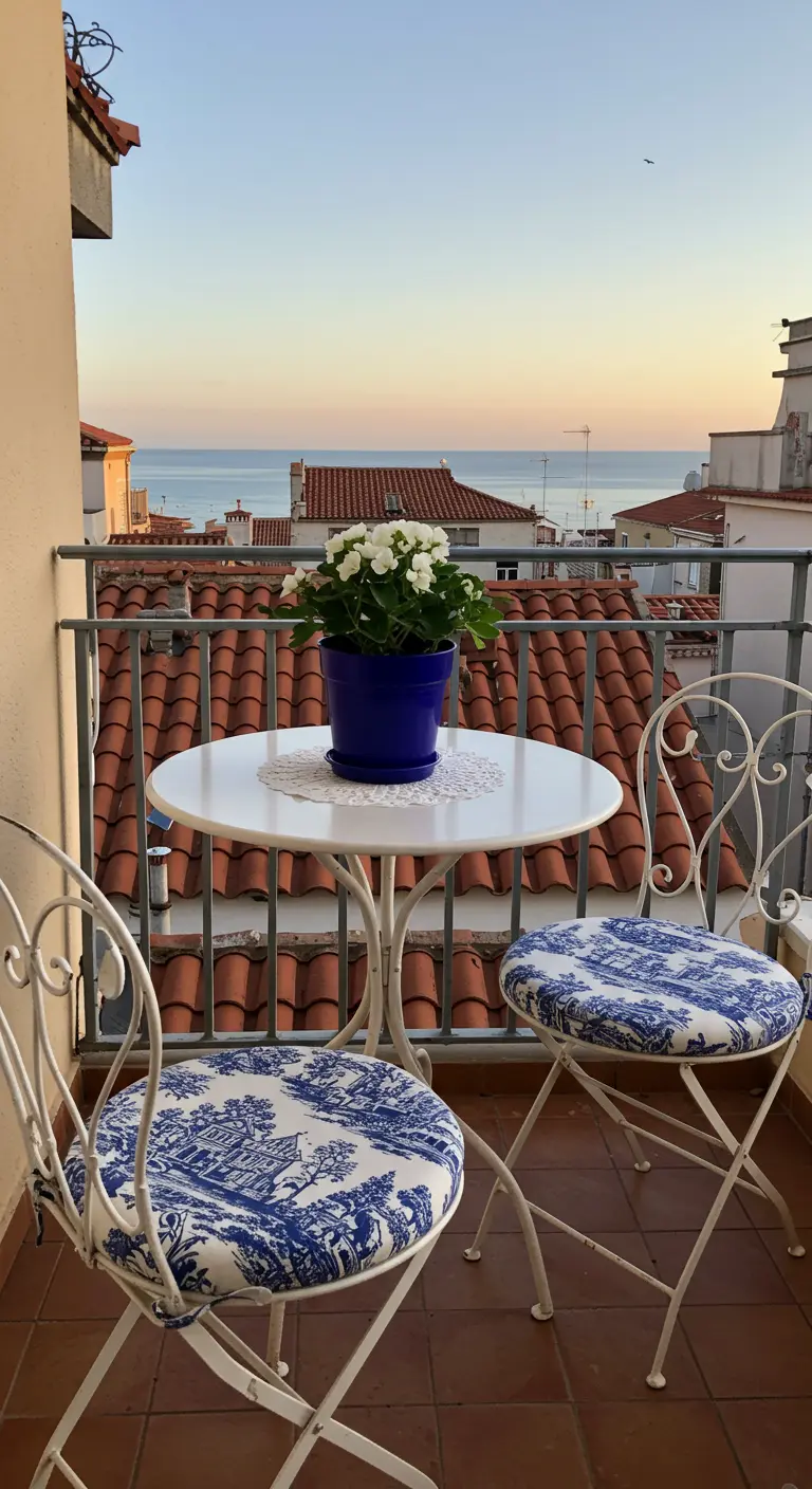 Petit ensemble bistrot blanc sur un balcon avec des coussins à motif Toile de Jouy bleu.