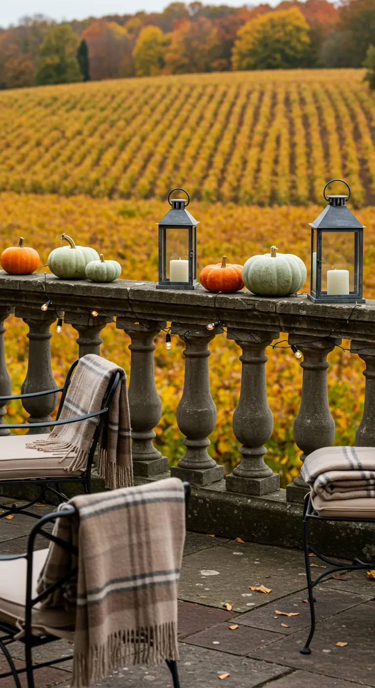Balcon avec vue sur les vignes, décoré de citrouilles, lanternes et plaids