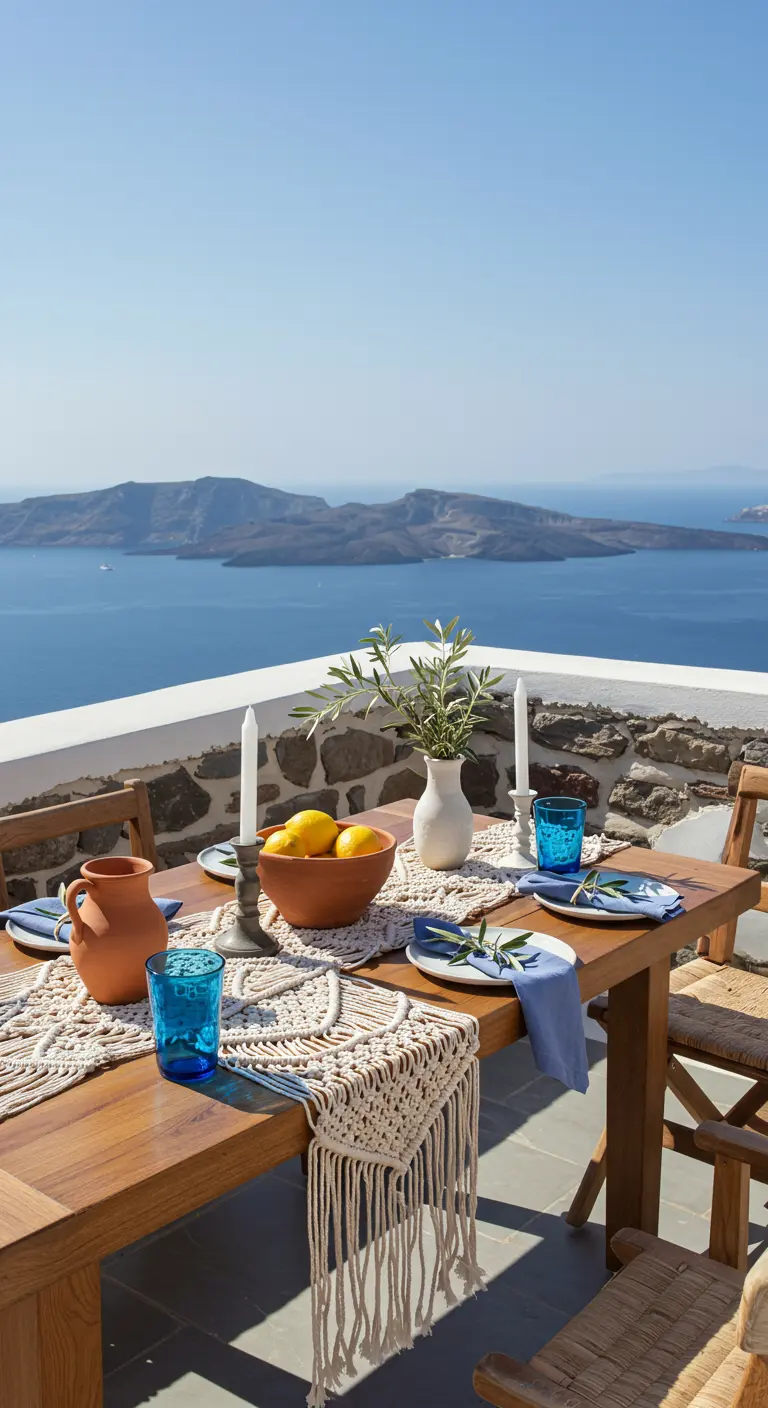 Table en bois face à la mer, avec déco bleue, blanche et terre cuite.