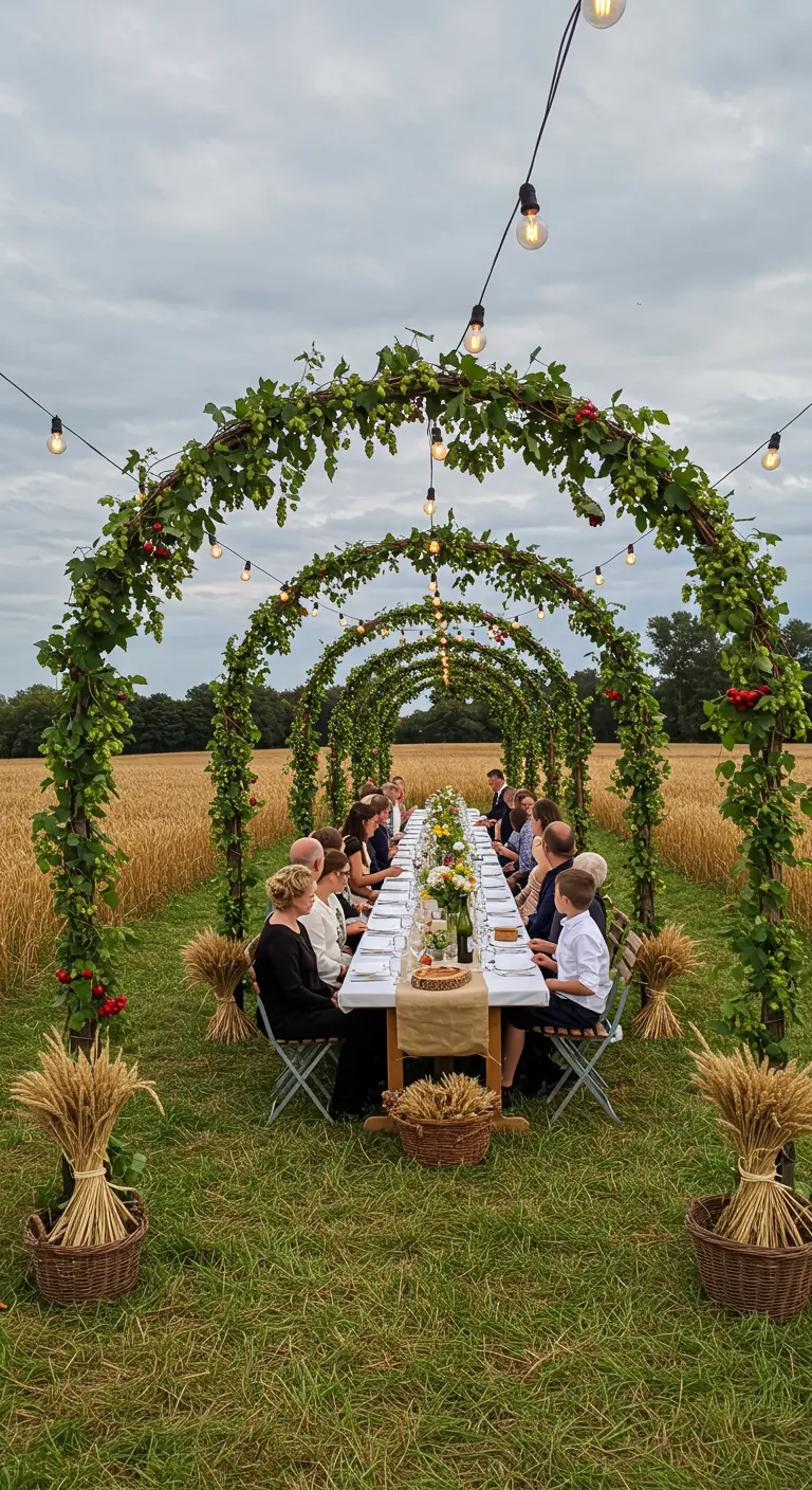 Longue table de réception en extérieur sous une série d'arches végétales.