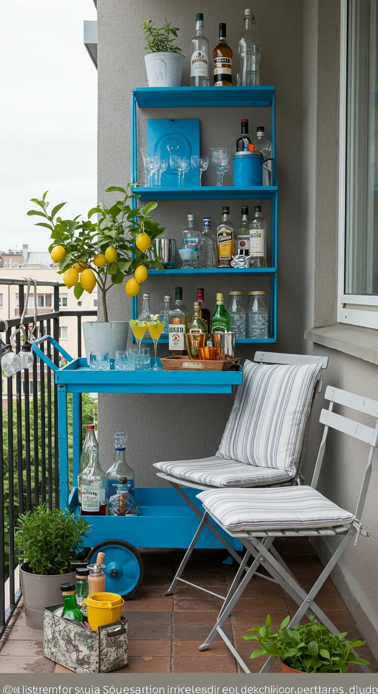 Desserte de bar bleu vif sur un balcon, chargée de bouteilles et de verres.
