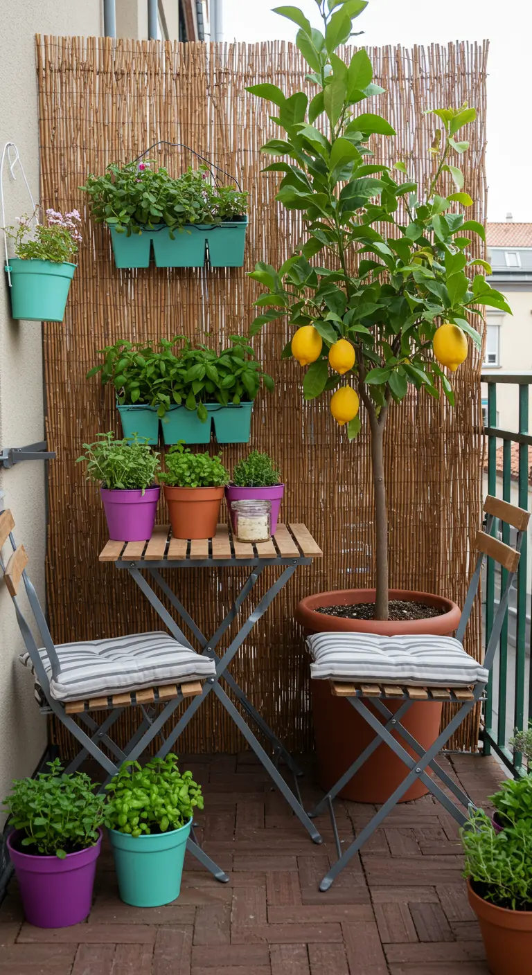 Petit balcon avec paravent en bambou, herbes aromatiques en pots colorés et citronnier.