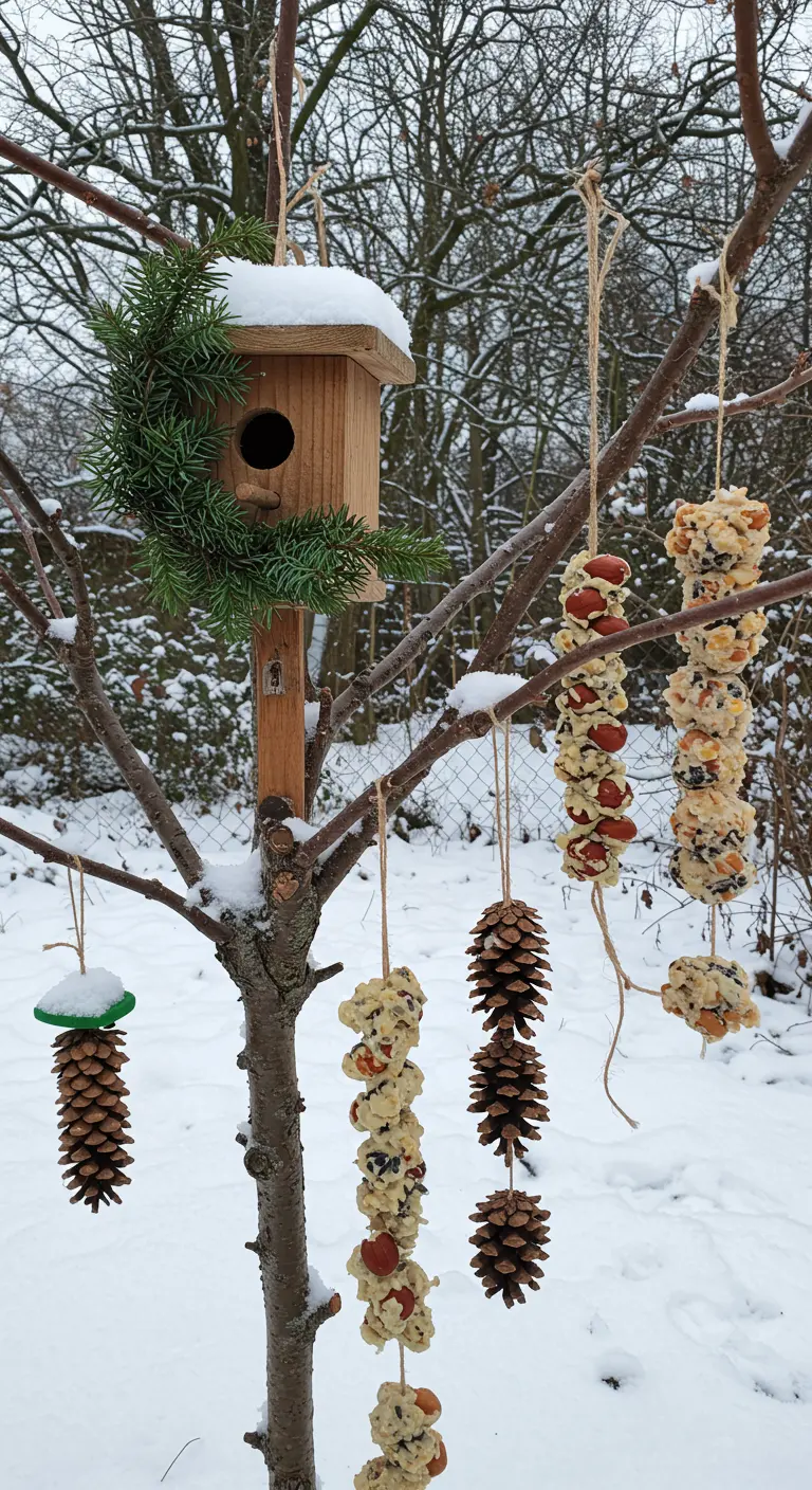 Mangeoires à oiseaux faites maison et pommes de pin suspendues à un arbre en hiver.