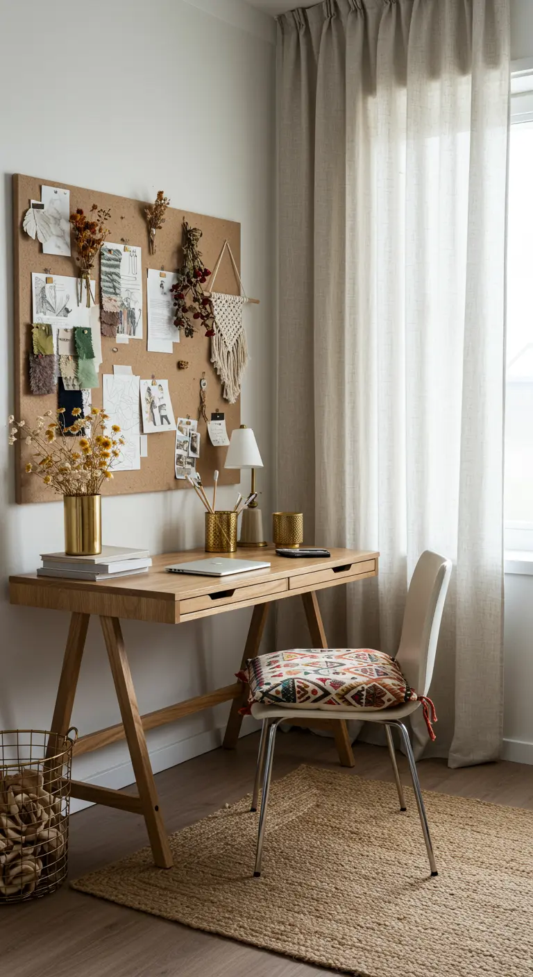 Bureau en bois avec un grand tableau en liège, des fleurs séchées et des accessoires dorés.