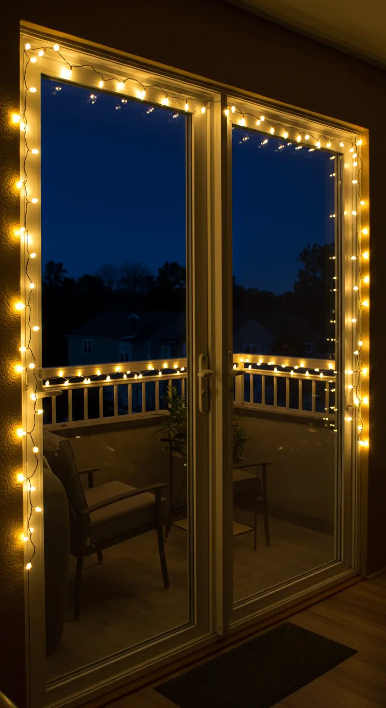 Porte-fenêtre vue de l'intérieur, encadrée par une guirlande lumineuse chaude.