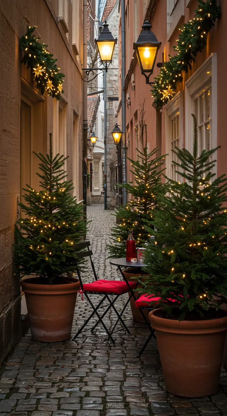 Ruelle pavée avec une table de bistrot, des chaises rouges et des sapins illuminés.