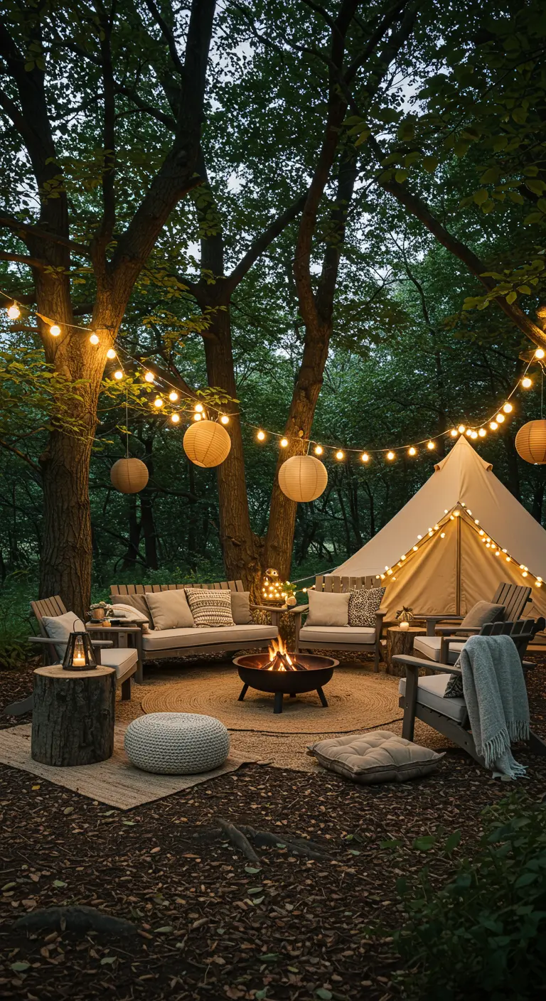 Coin salon extérieur rustique avec feu de camp, guirlandes lumineuses et lampions suspendus entre les arbres.