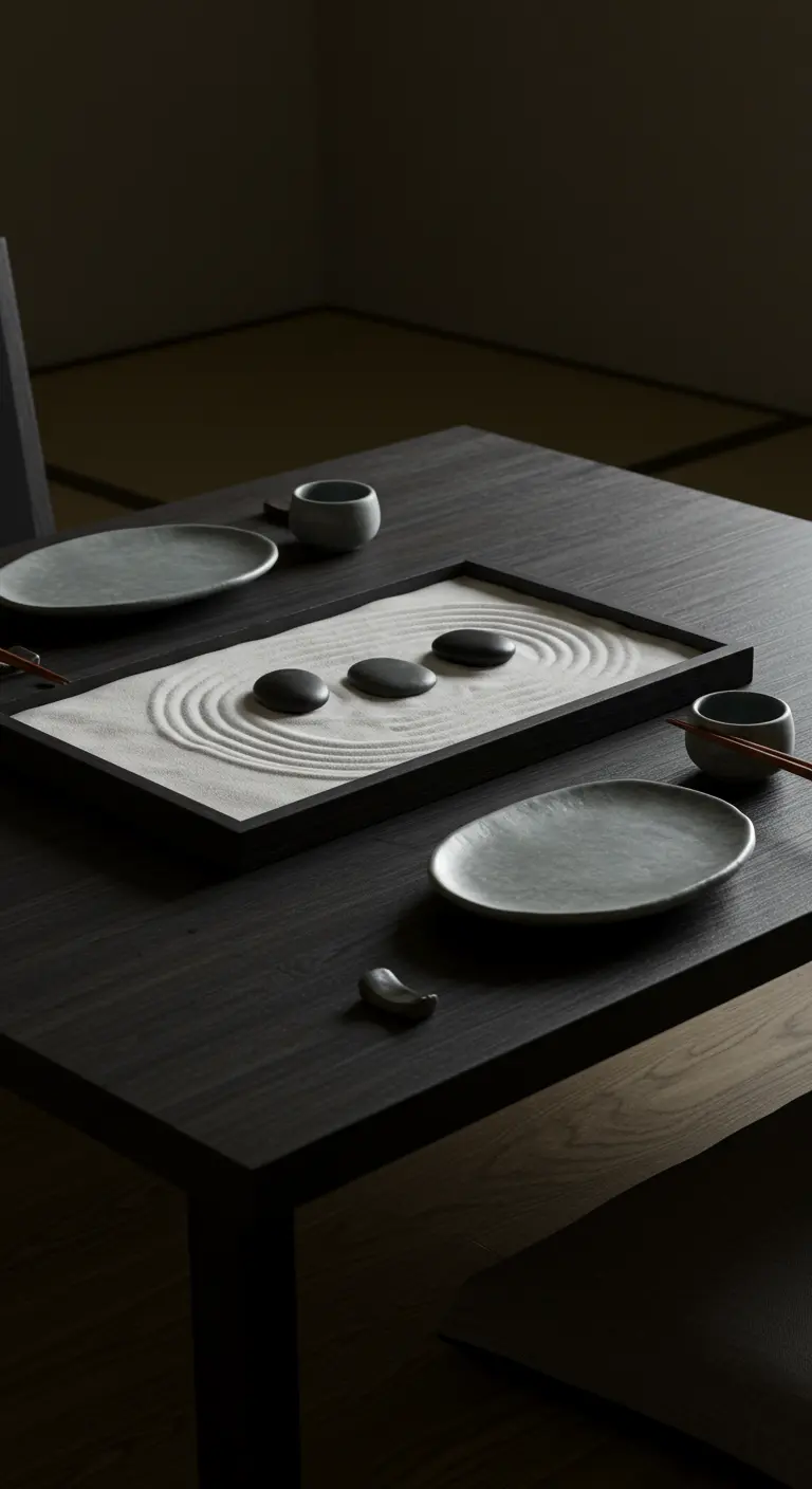 Mini jardin zen avec sable blanc et galets noirs utilisé comme centre de table.