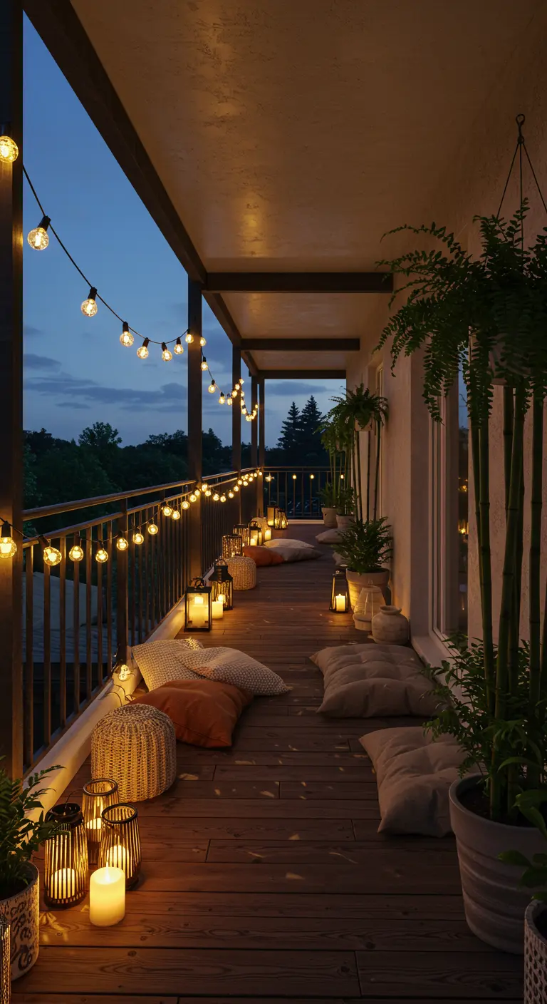 Long balcon avec des coussins au sol, éclairé par des lanternes et une guirlande basse.