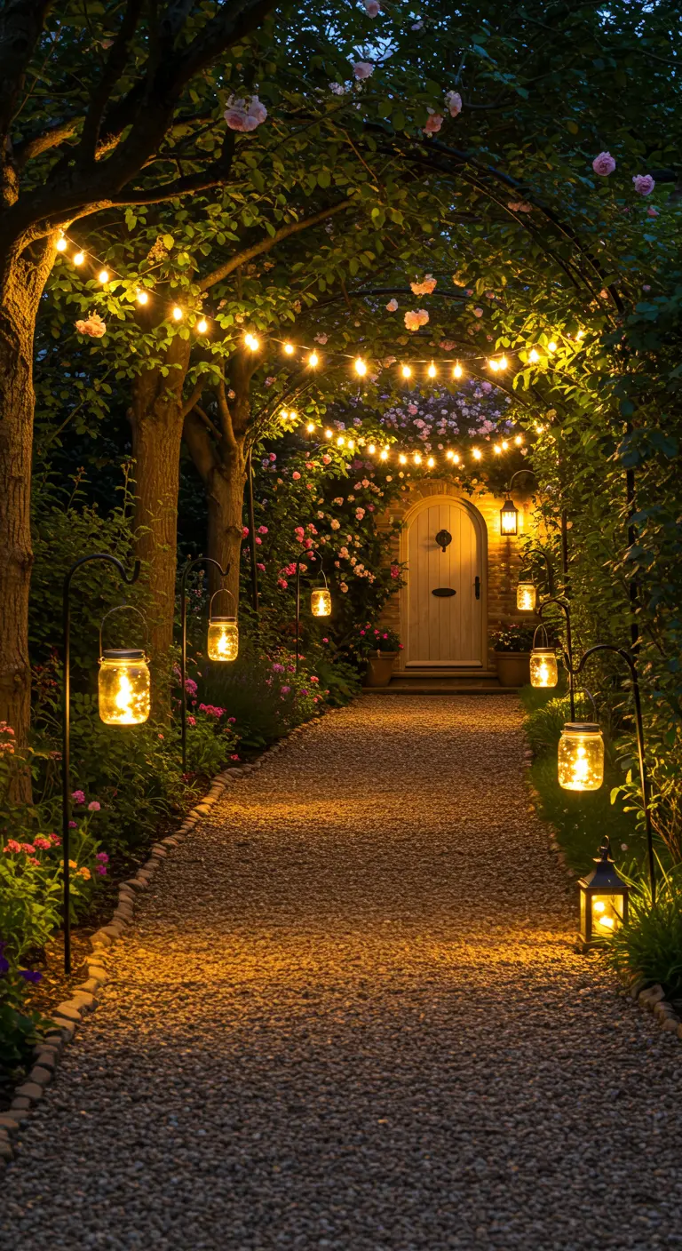 Chemin de gravier sous une arche d'arbres, illuminé par des guirlandes et des lanternes bocaux solaires.