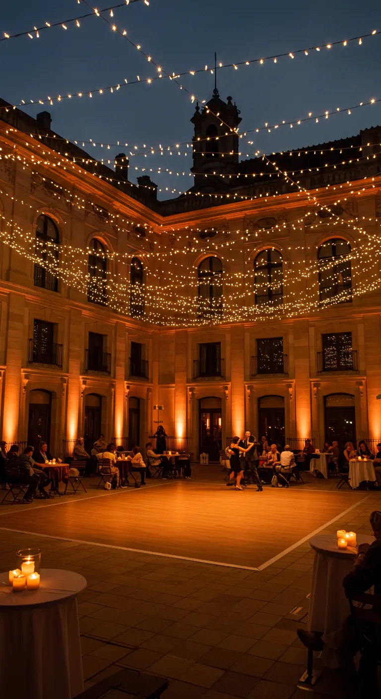 Grande cour illuminée par des milliers de petites lumières suspendues, créant un ciel étoilé au-dessus des convives.