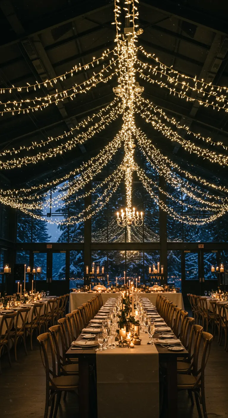 Plafond d'une grande salle de réception couvert de guirlandes lumineuses.