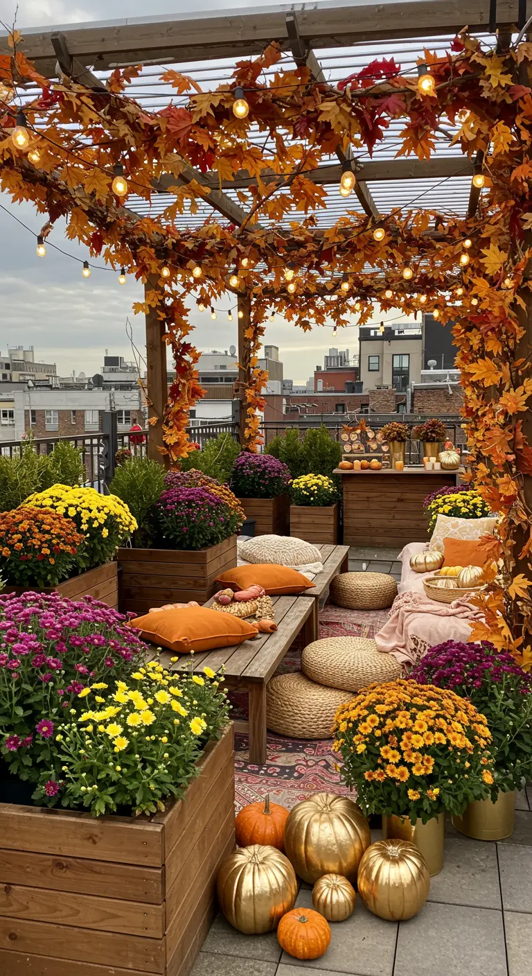 Pergola sur un toit-terrasse recouverte de guirlandes de feuilles et de lumières.