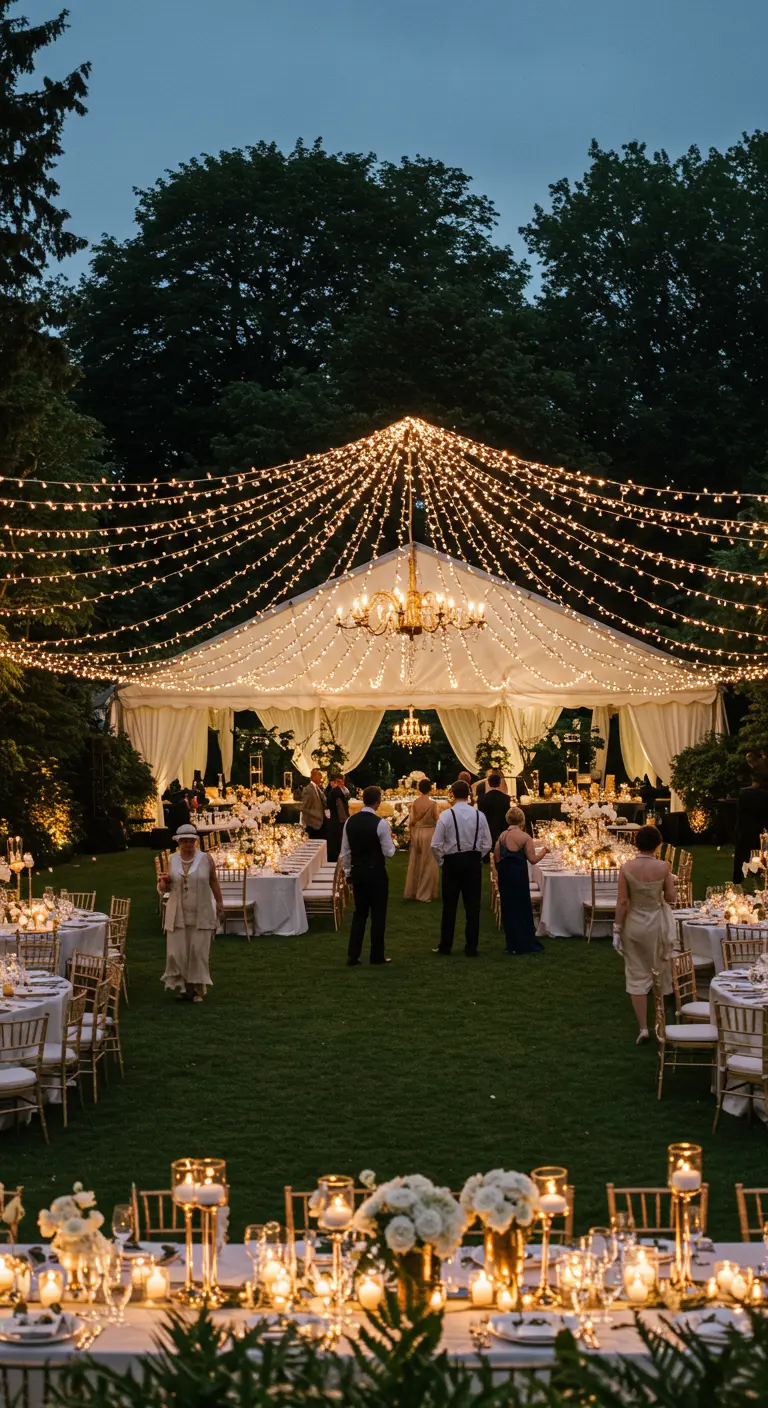 Fête en plein air sous une tente illuminée par des guirlandes lumineuses.