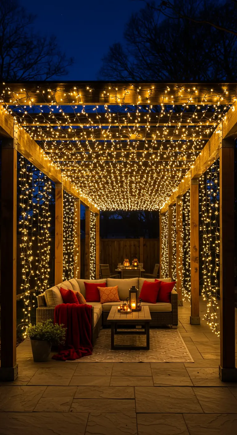 Pergola entièrement recouverte d'un plafond de guirlandes lumineuses chaudes.