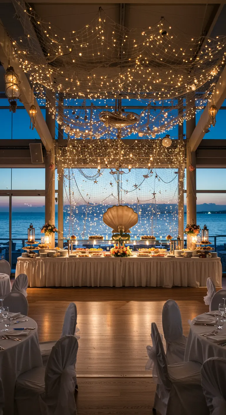 Plafond d'une salle de réception couvert de filets de pêche et de guirlandes lumineuses.