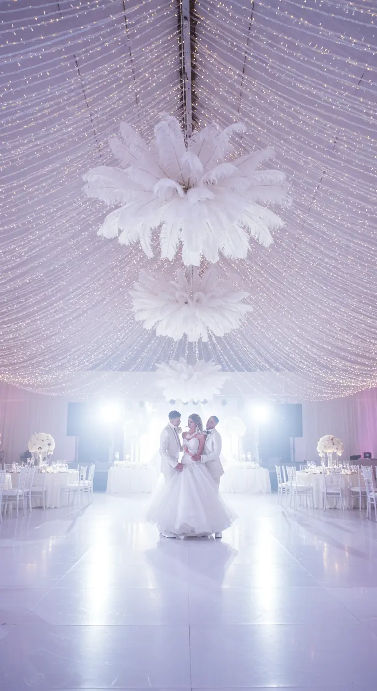 Un plafond de salle de bal décoré de milliers de lumières et de lustres en plumes.