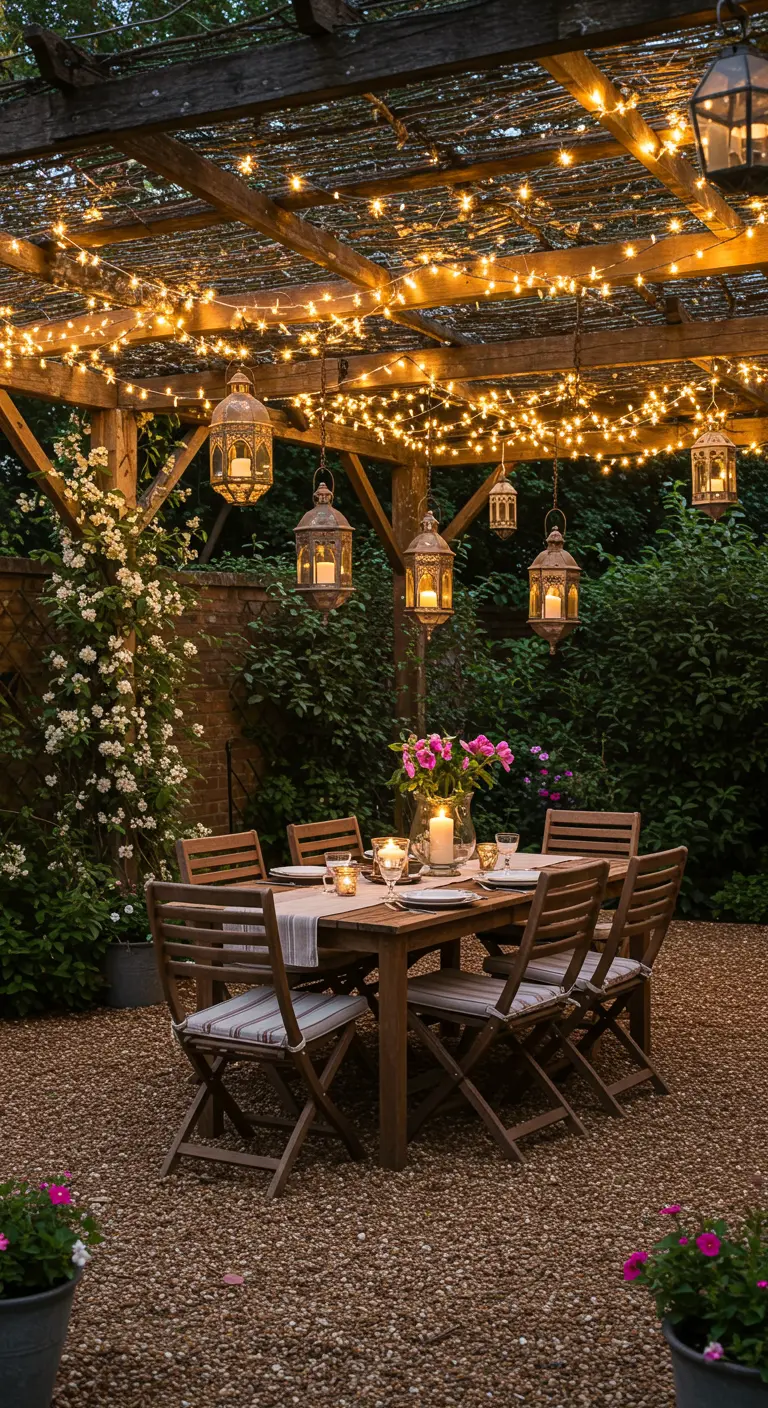 Table dressée sous une pergola en bois, décorée de guirlandes lumineuses et de lanternes suspendues.