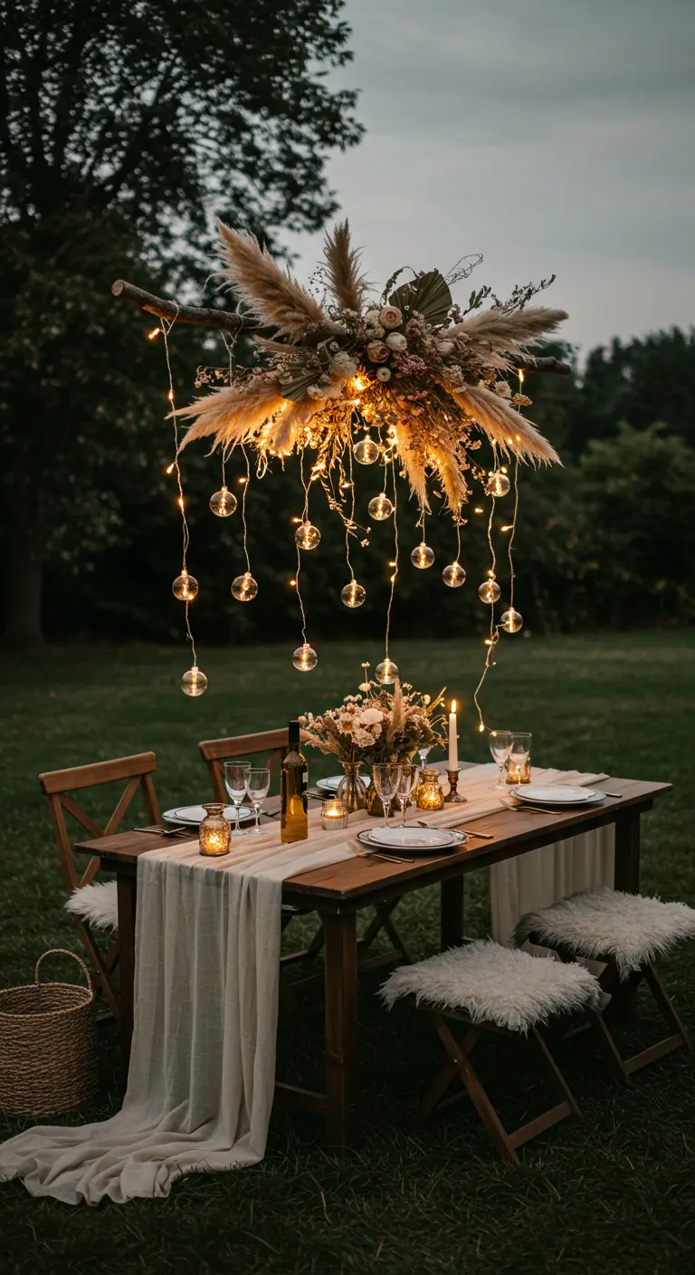 Table en extérieur avec une suspension florale et lumineuse au-dessus.