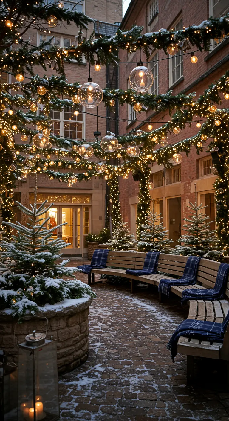 Grande cour illuminée par un plafond de guirlandes et des sapins décorés.
