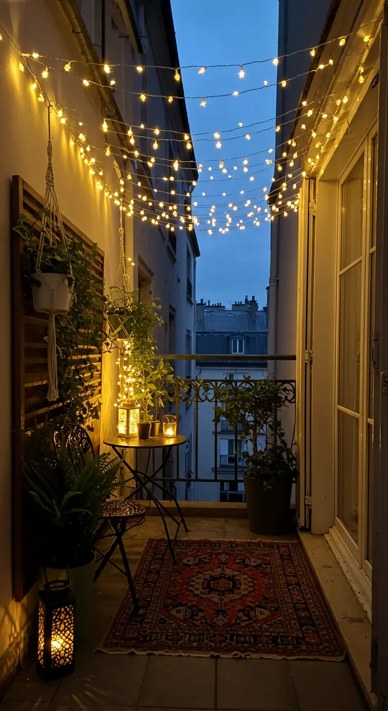 Balcon étroit illuminé par un plafond de guirlandes lumineuses fines.