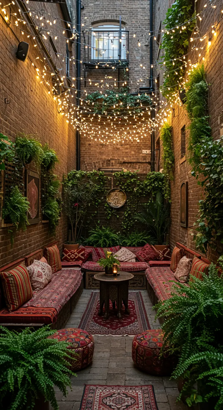 Cour intérieure étroite avec des murs en brique, éclairée par un plafond de guirlandes.