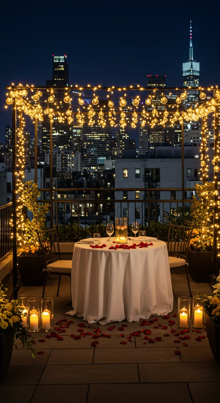 Dîner romantique sur un toit-terrasse avec une arche de lumières.