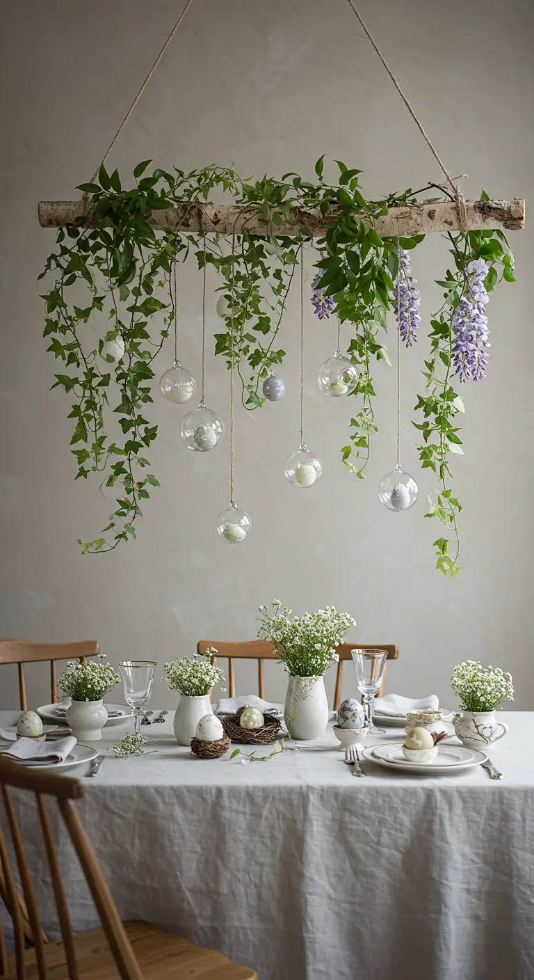 Installation suspendue de branchages et de lierre au-dessus d'une table de Pâques.