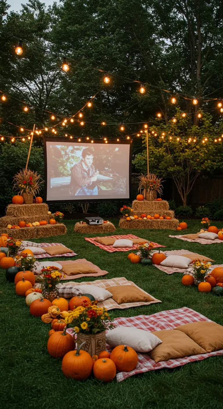 Soirée cinéma en plein air avec écran, plaids, citrouilles et guirlandes
