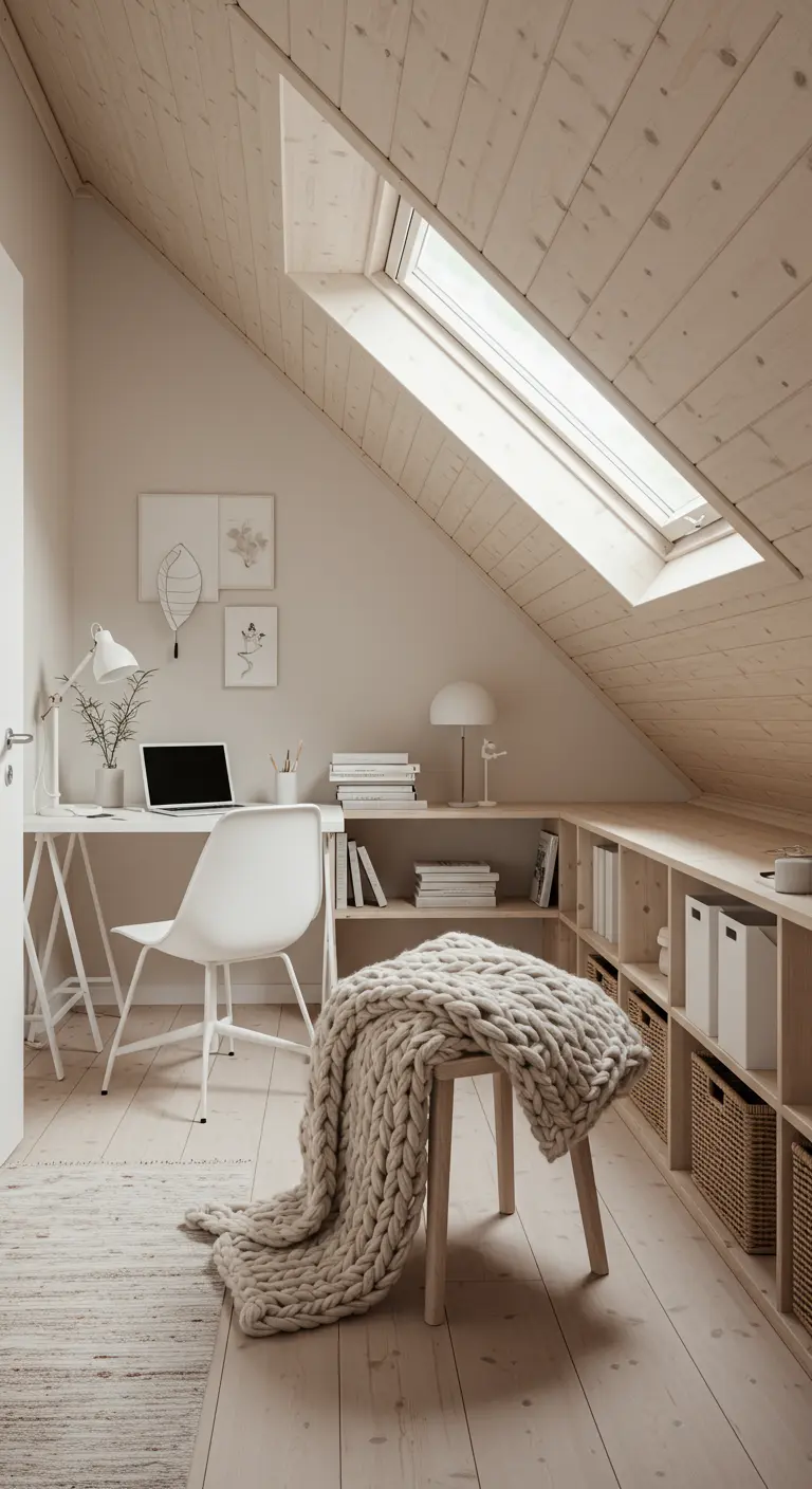 Bureau aménagé sous les combles avec un grand Velux et des rangements bas sur mesure.