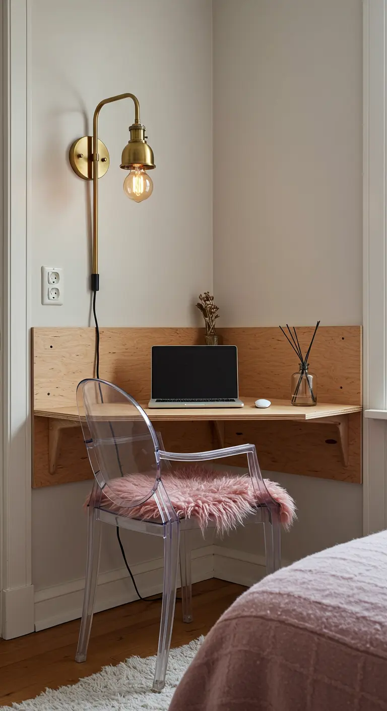 Bureau d'angle flottant en bois clair dans une chambre, avec chaise transparente et peau rose.