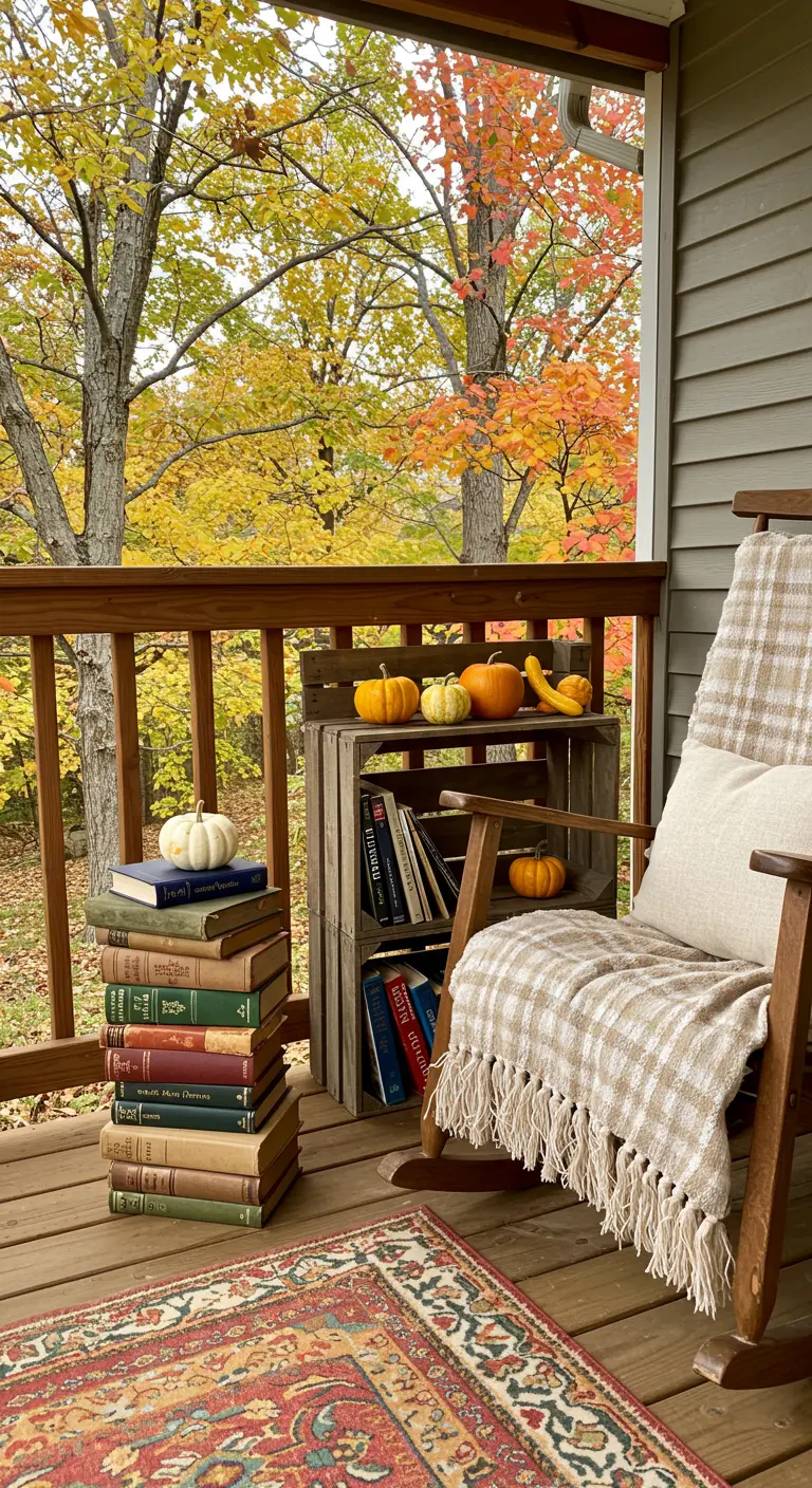 Fauteuil à bascule sur un porche avec des livres, des citrouilles et un plaid.