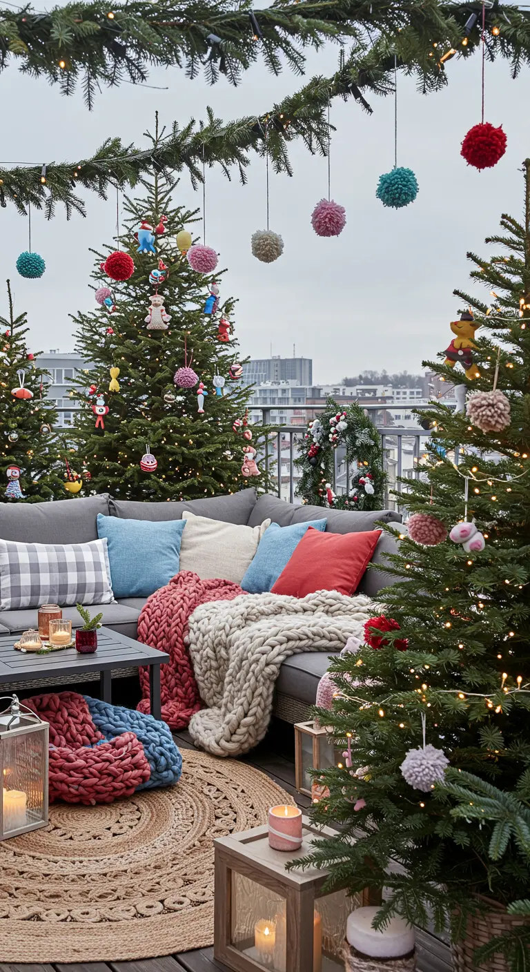 Terrasse cosy avec canapé d'angle, plaids, sapins décorés, pompons colorés suspendus.
