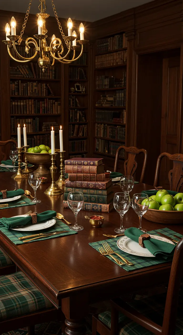 Table dans une bibliothèque avec des livres en centre de table et des chandeliers dorés.