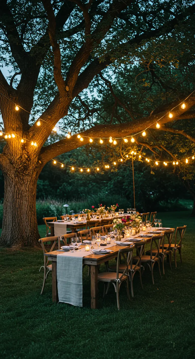 Table de dîner en plein air sous un grand arbre avec des guirlandes lumineuses.