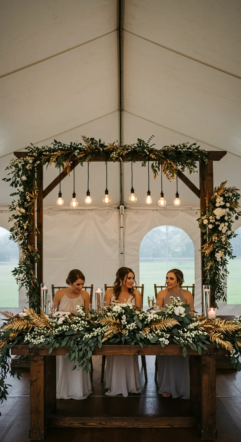 Table d'honneur sous une arche en bois avec eucalyptus et feuilles dorées.