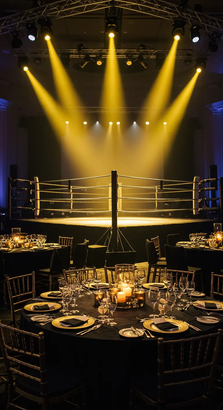Salle de gala avec des tables de dîner disposées autour d'un ring de boxe illuminé.