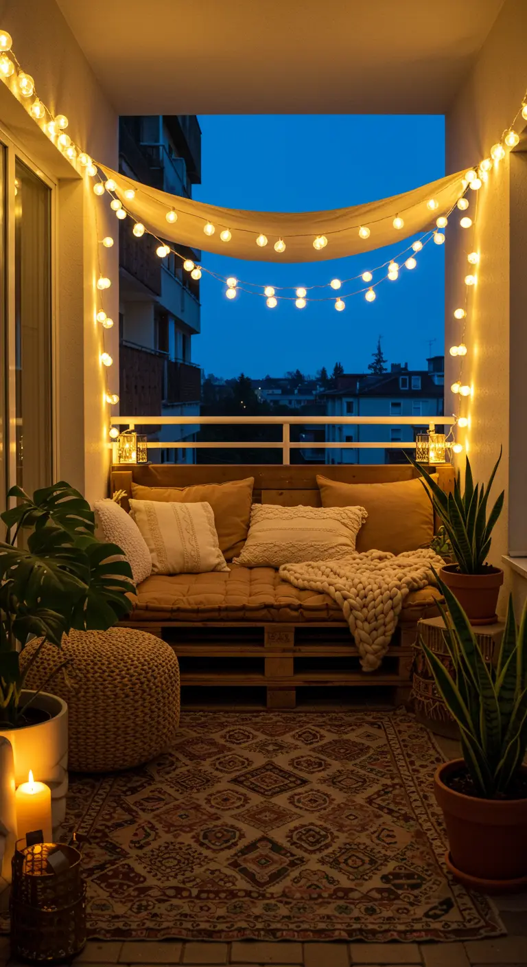 Balcon bohème avec un canapé en palettes, éclairé par des guirlandes lumineuses suspendues.