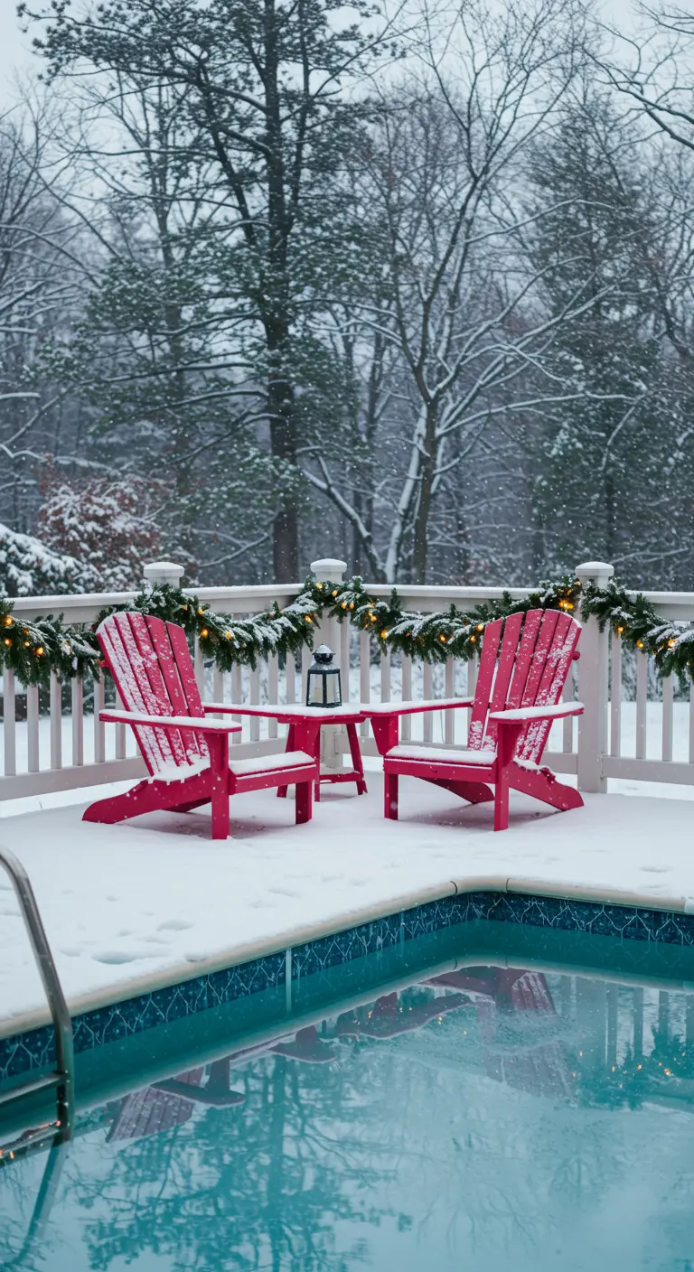 Chaises Adirondack rouges sur une terrasse enneigée près d'une piscine.